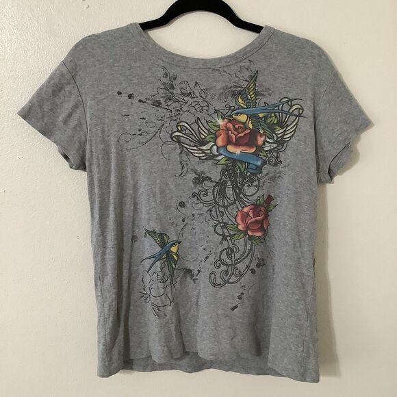 Y2K Emo Scene Grunge Grey Tattoo Rose Print Graphic T Shirt XL 100% Cotton - Picture 1 of 7